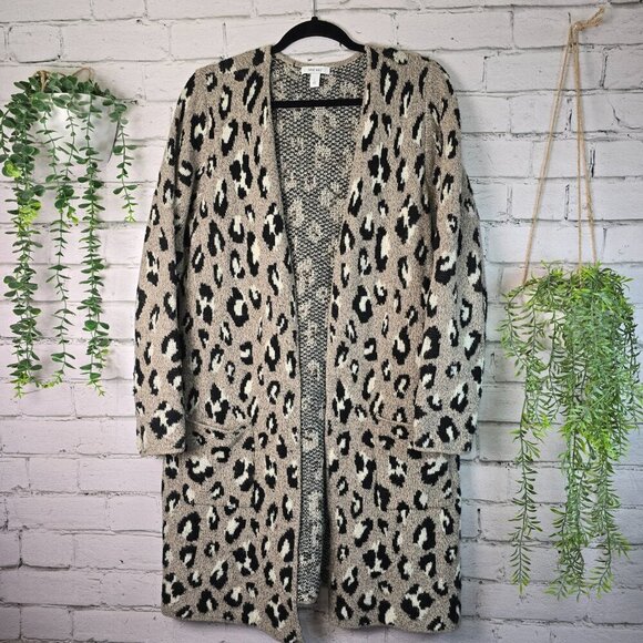 NINE WEST LONG ANIMAL PRINT OPEN FRONT CARDIGAN OVERSIZED BEIGE AND GRAY LARGE - Picture 1 of 7